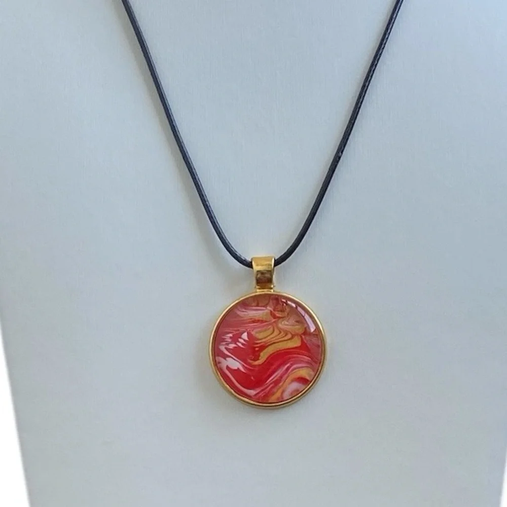 Hand Crafted Red and Gold Fluid Art Pendant Necklace by Svetlana Yeung